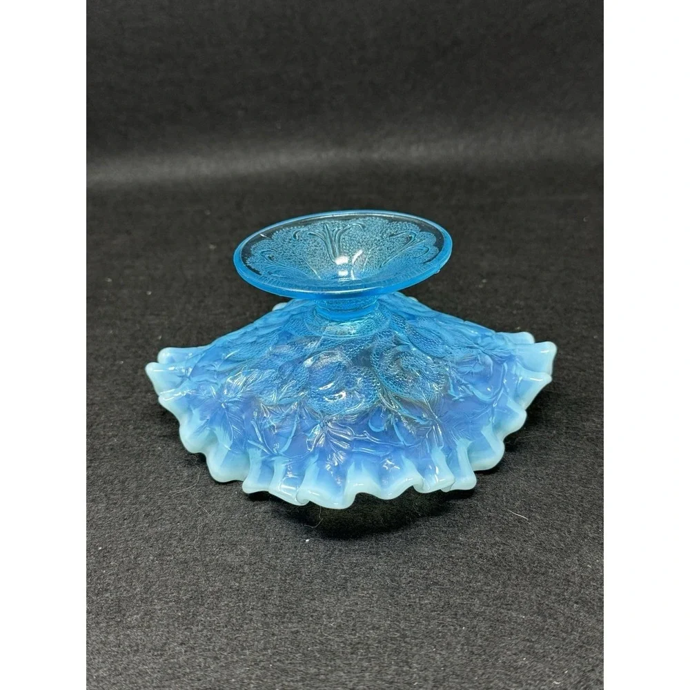 Dugan Blue Opalescent Question Marks Pedestal Bowl Carnival Glass Vintage